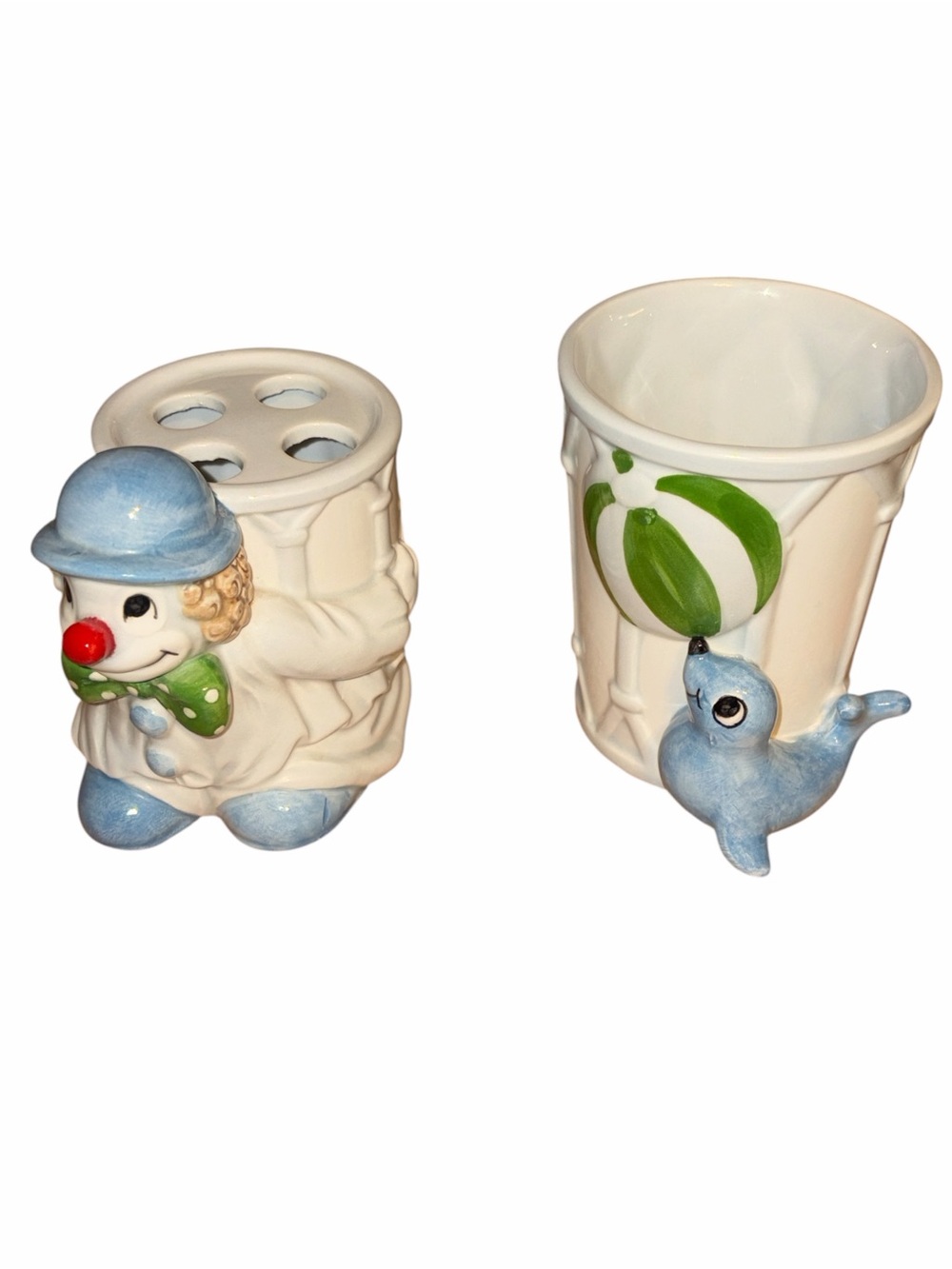 Fitz and Floyd Ceramic Seal and Clown Bathroom toothbrush holder & cup